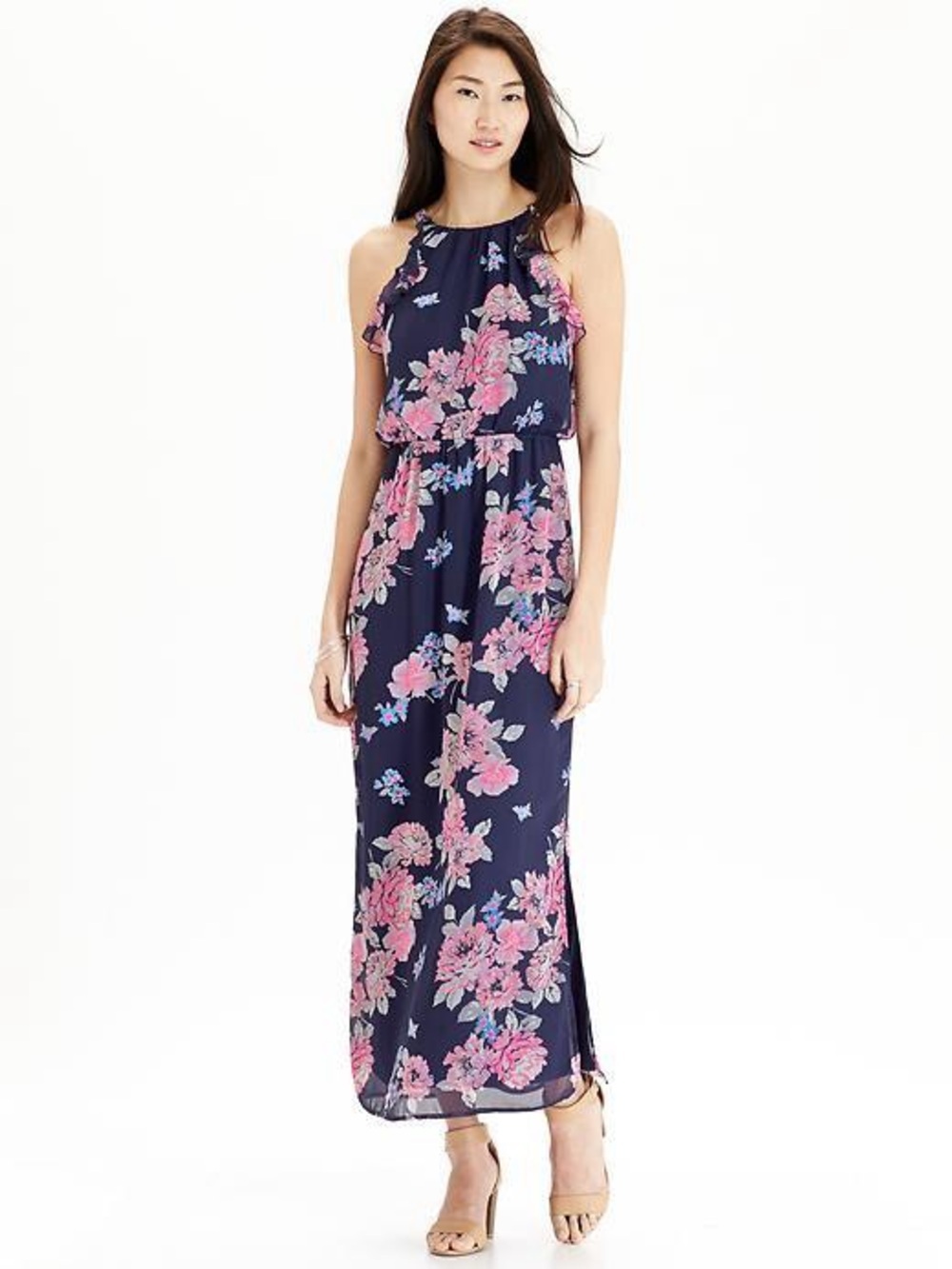 Old Navy Chiffon Navy Maxi Dress with Pink Floral Print Large